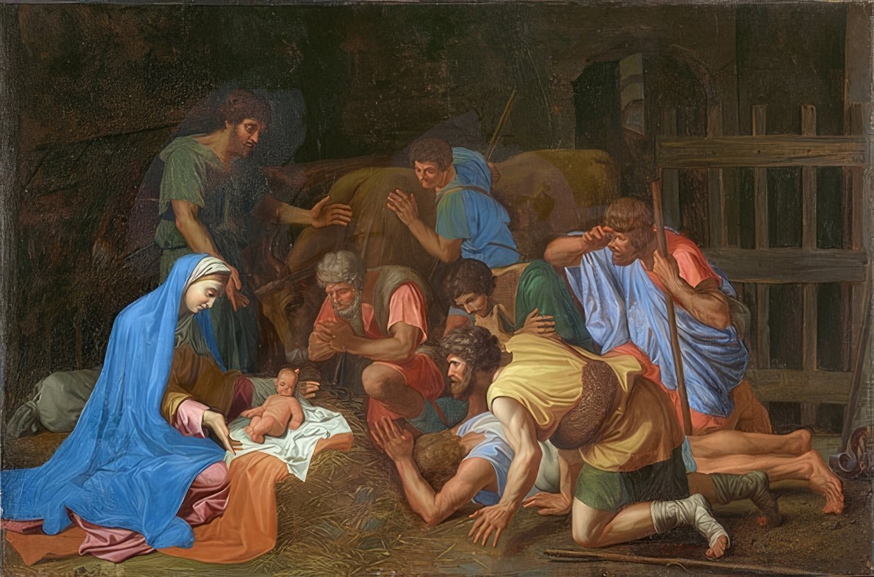 Tilbedelse av hyrdene. Rundt 1653 av Nicolas Poussin
