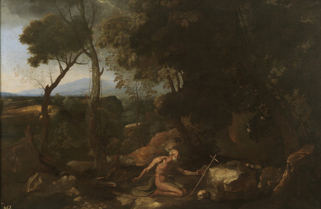 Landskap med eremitten Paulus, 1638 av Nicolas Poussin
