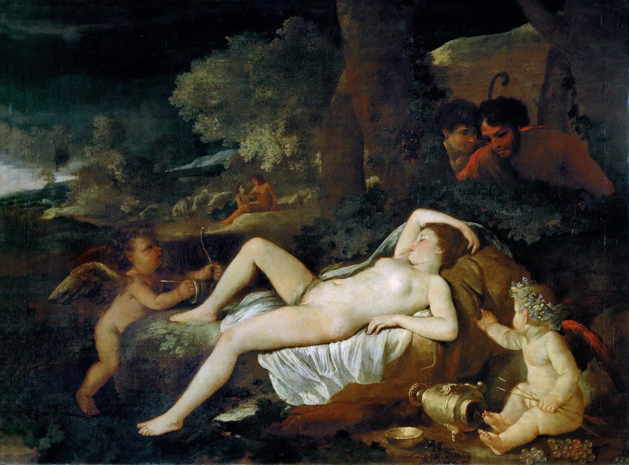Hvilende Venus med amor, ca 1624. av Nicolas Poussin