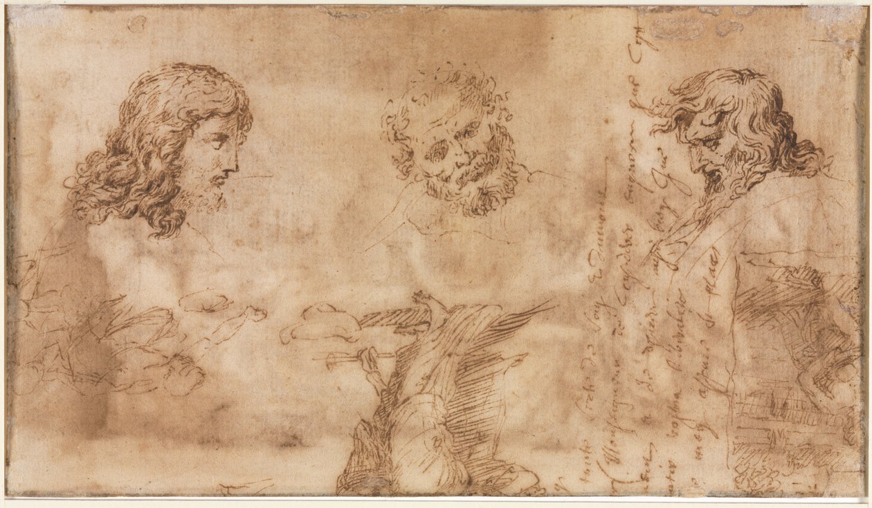 Tre hoder og andre skisser (verso) av Nicolas Poussin