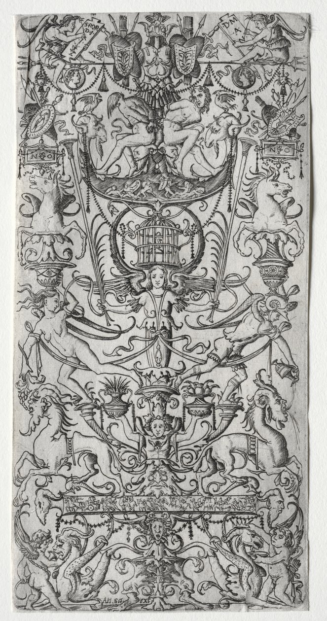 Ornamentpanel med et fuglebur av Nicoletto da Modena