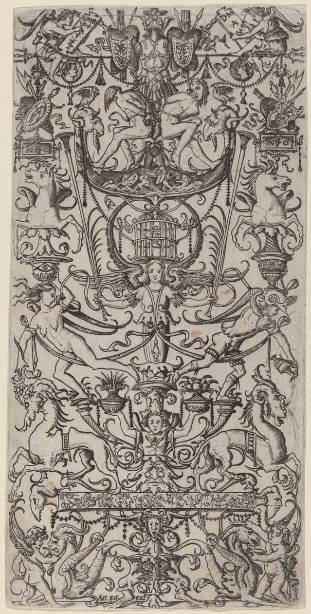 Ornamentpanel med et fuglebur av Nicoletto da Modena