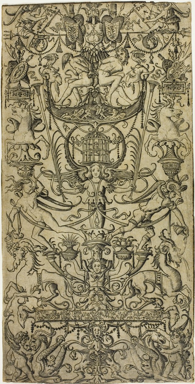 Panel av ornament med et fuglebur av Nicoletto da Modena