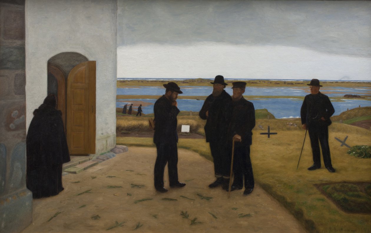 Folk utenfor en kirke. Harboøre, Jylland av Niels Jakob Jakobsen Bjerre