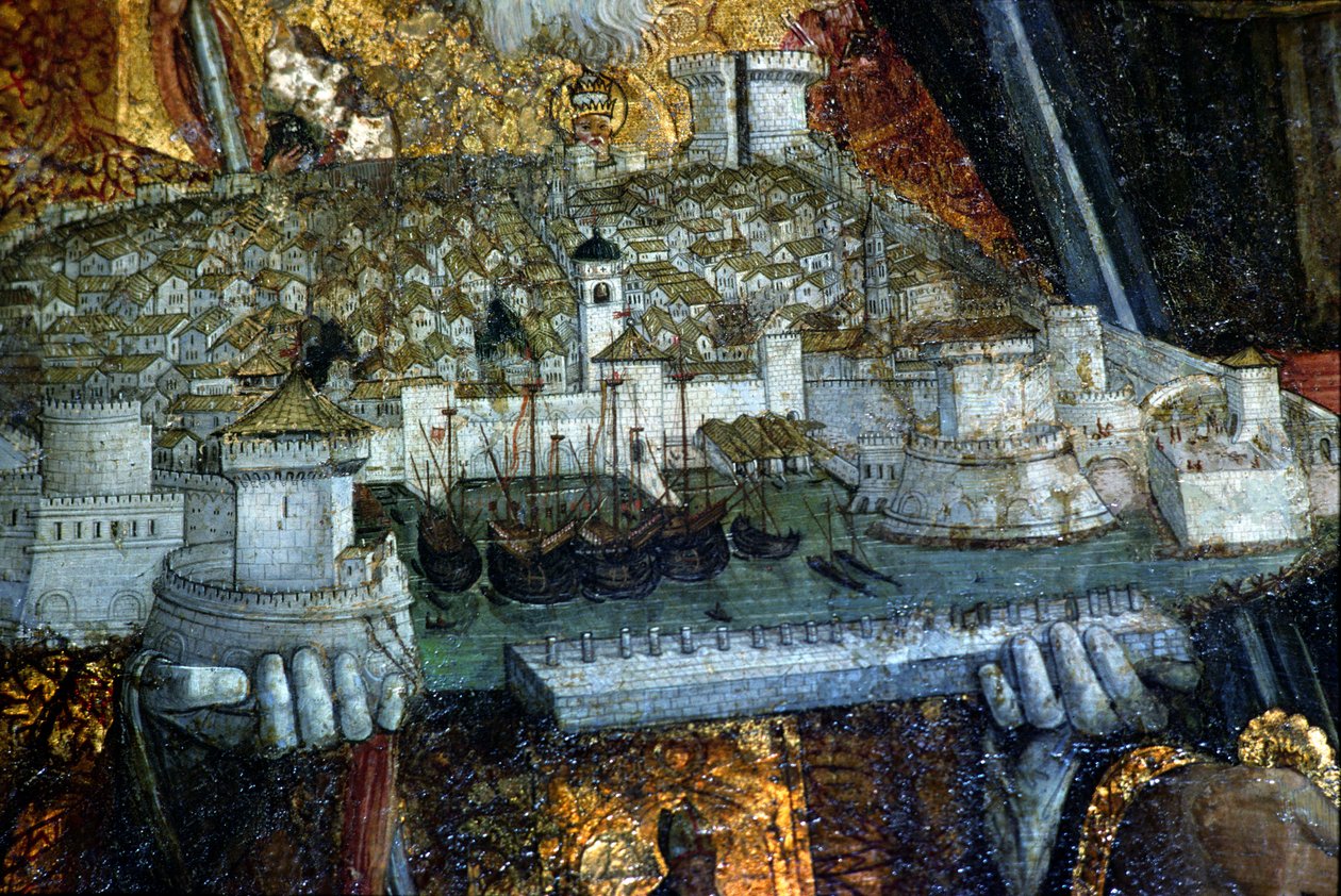 Den befestede byen båret av St. Blaise (detalj) (se 136814) av Nikola Bozidarovic