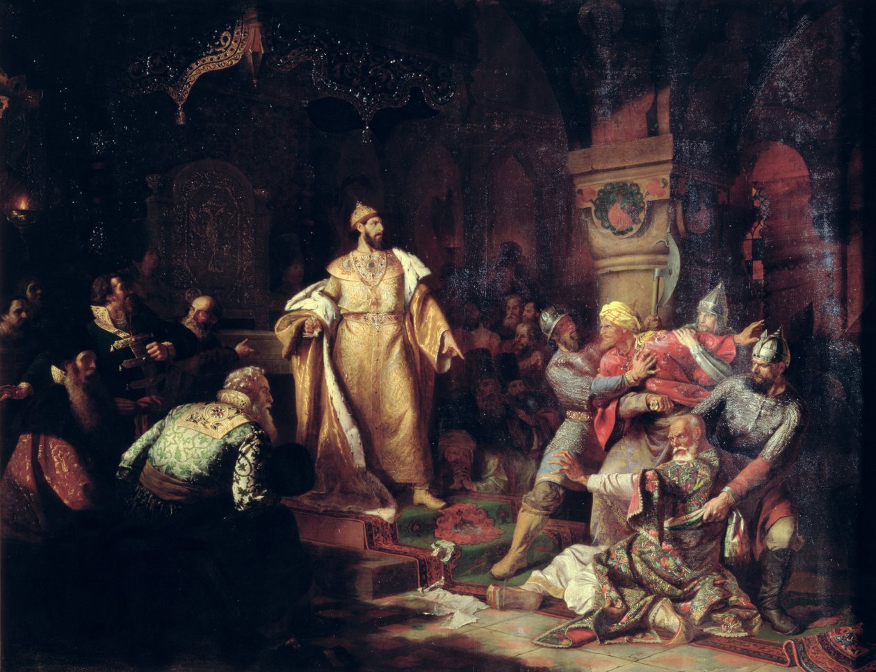 Tsar Ivan III (1440-1505) river handlingen til Tatar Khan, 1862 av Nikolai Semenovich Shustov