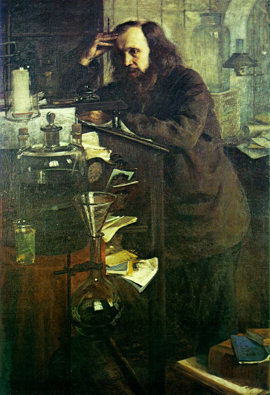 Dmitri Mendeleev ved arbeidsbordet.n: .. .n av Nikolai Aleksandrovich Yaroshenko