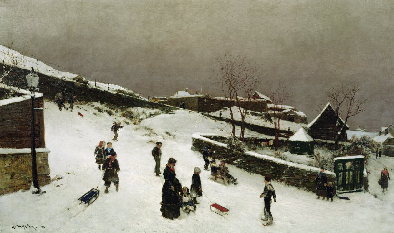 Winter scene in Nordnes, Bergen av Nikolai Martin Ulfsten