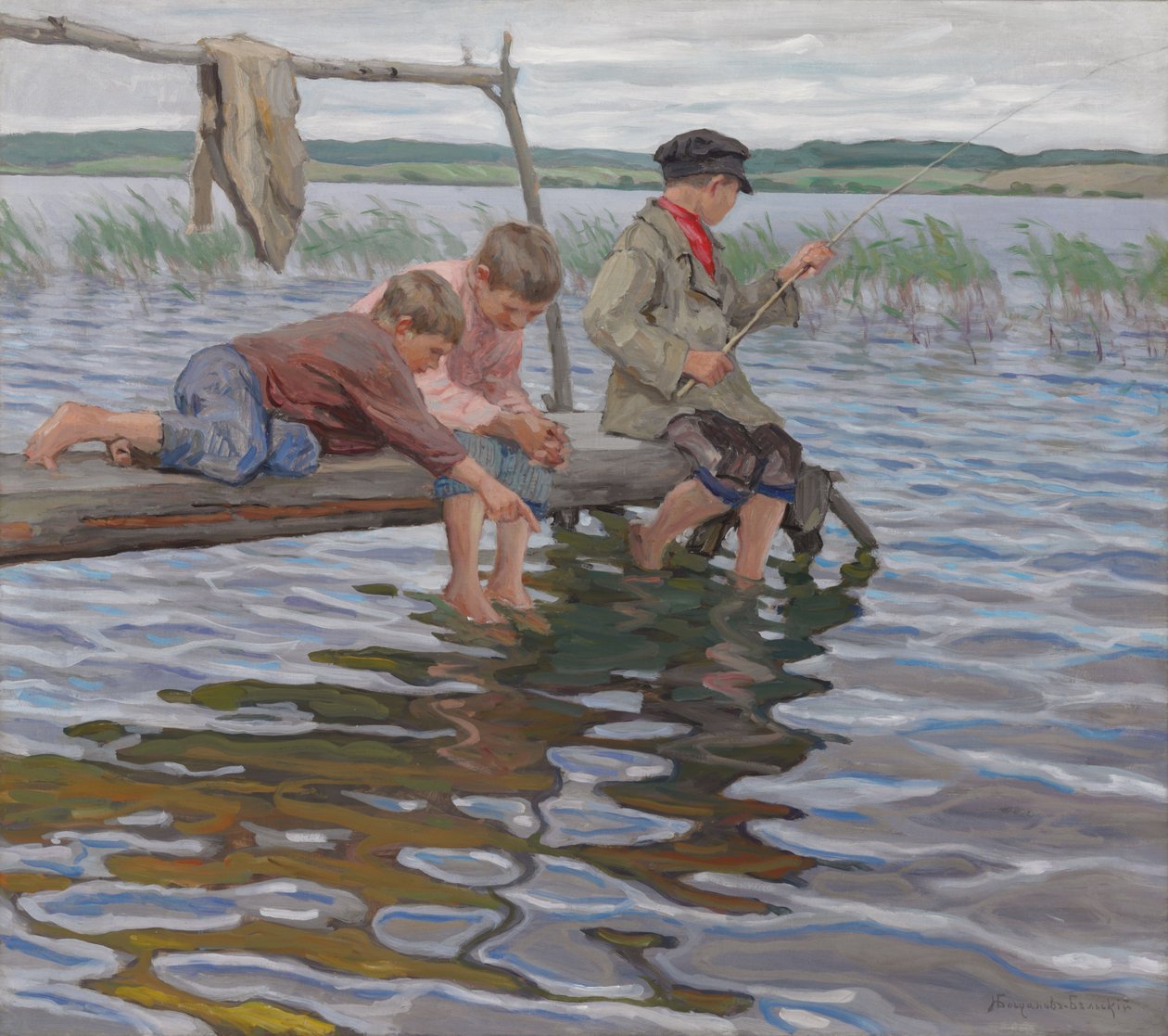 Gutter som fisker utenfor en brygge av Nikolai Petrovich Bogdanov Belsky