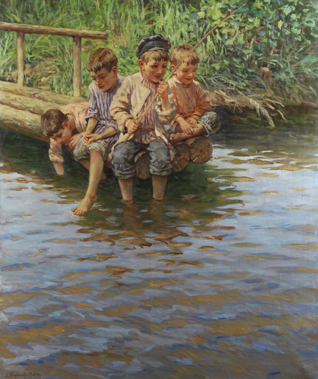 Fire gutter på bryggen mens de fisket av Nikolay Bogdanov Belsky