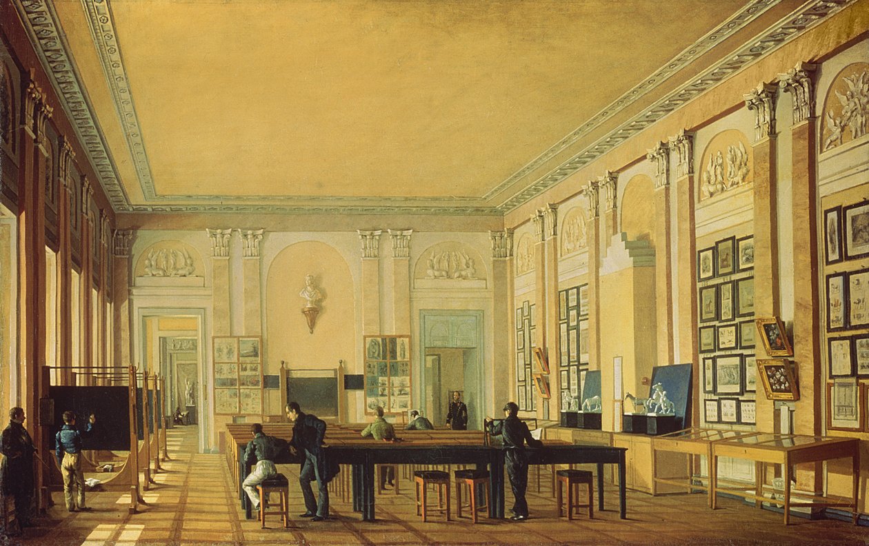 Maleri Atelier i Moskva kunstskole, ca. 1830 av Nikolay Ivanovich Podklyuchnikov