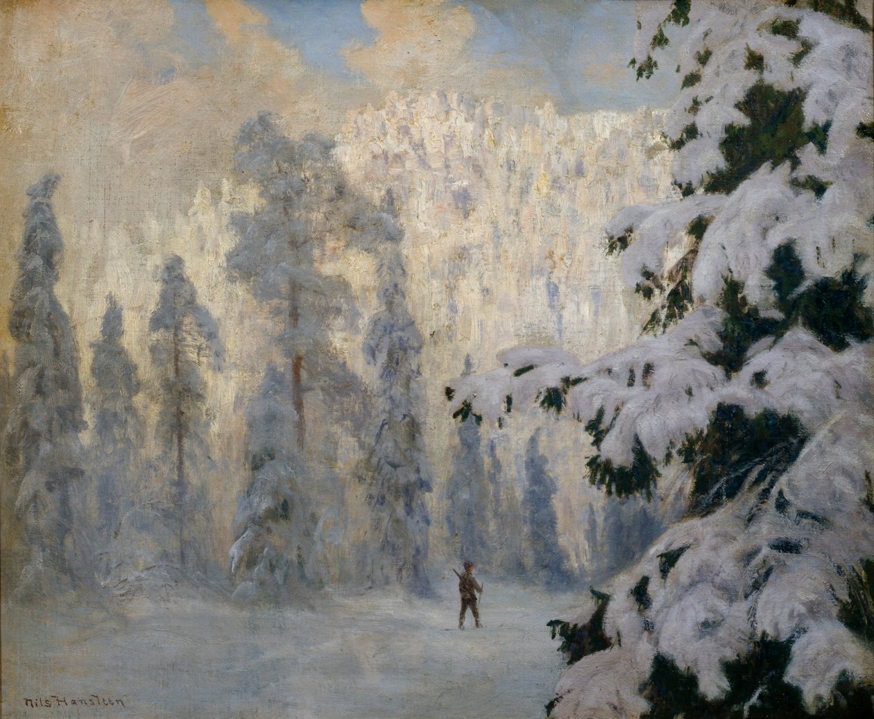 Hunter Skiing (olje på lerret) av Nils Hansteen