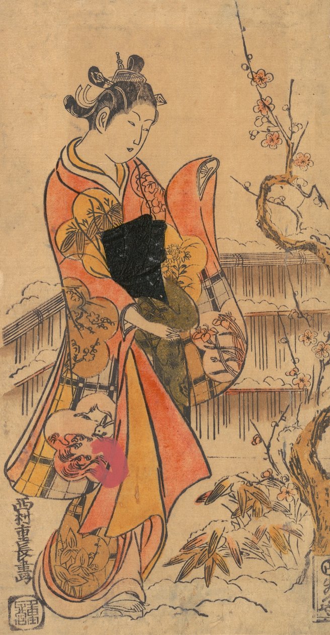 En ung dame i en hage. av Nishimura Shigenaga