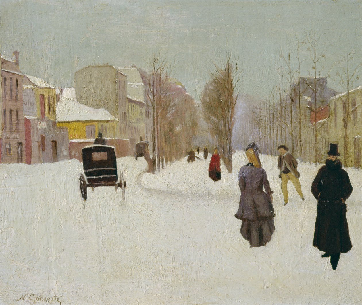 Fransk gatebilde med snø (olje på metall) av Norbert Goeneutte