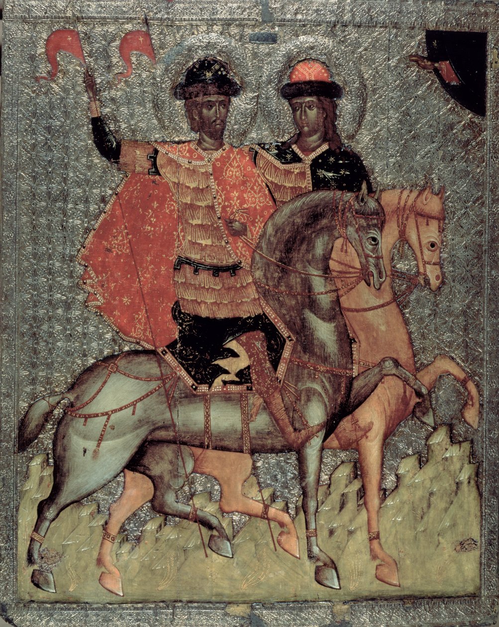 St. Boris og St. Gleb montert, ca. 1377 (tempera på panel) av Novgorod School