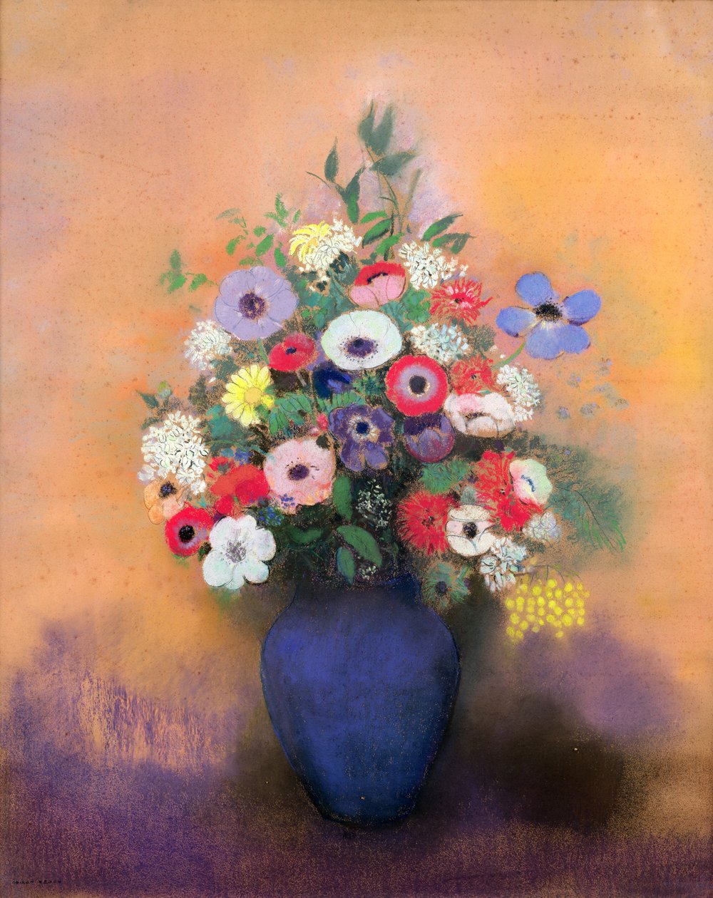 Anemoner og syrin i en blå vase, etter 1912 (pastell) av Odilon Redon