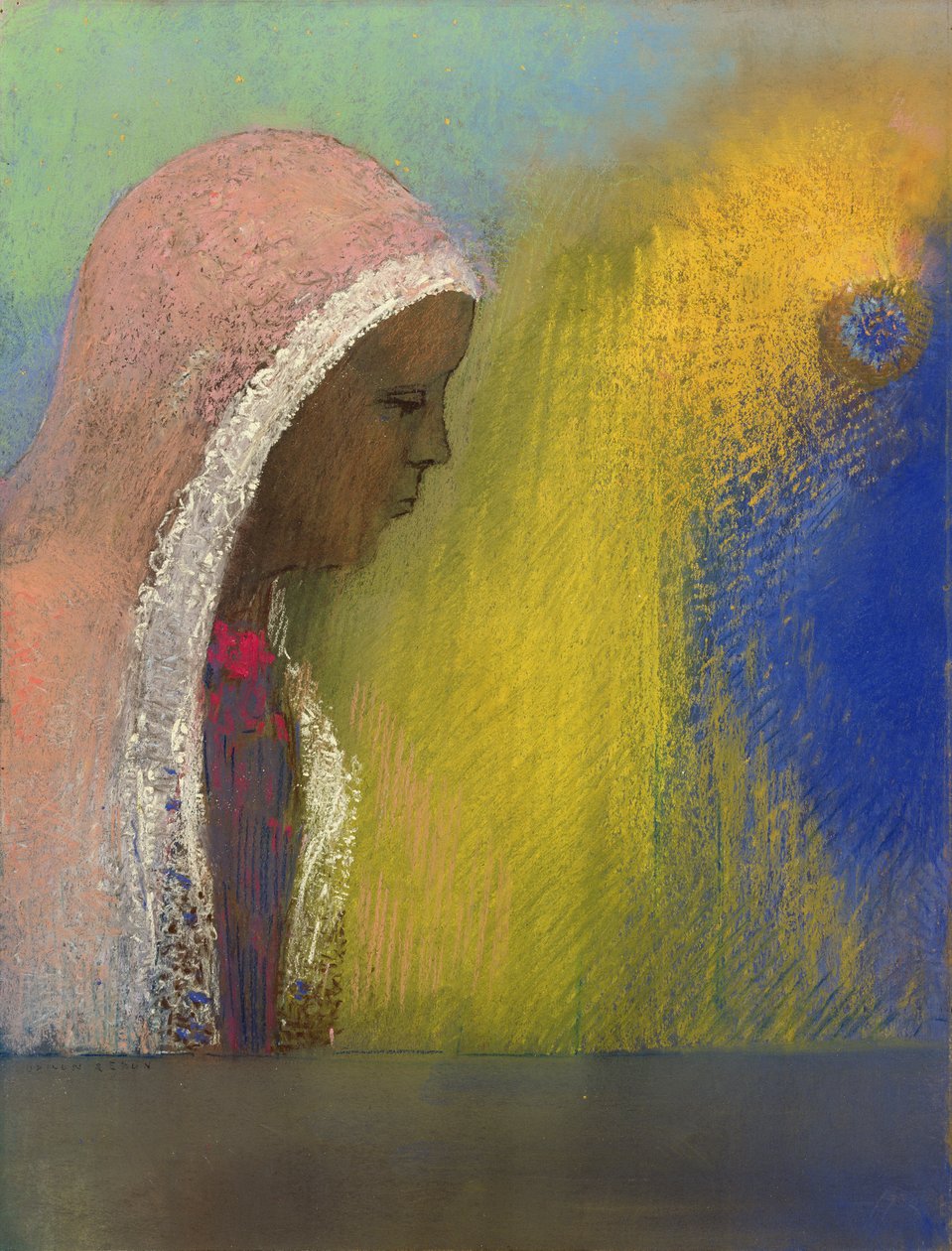 Portrett av en kvinne i et rosa slør, 1885 (pastell på papir) av Odilon Redon
