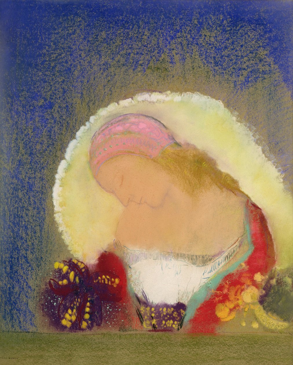 Profil av en jente med blomster, ca. 1900 (pastell på papir) av Odilon Redon