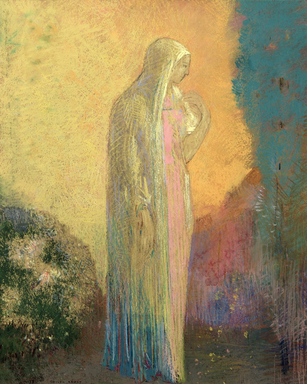 Stående tilslørt kvinne (pastell på papir) av Odilon Redon