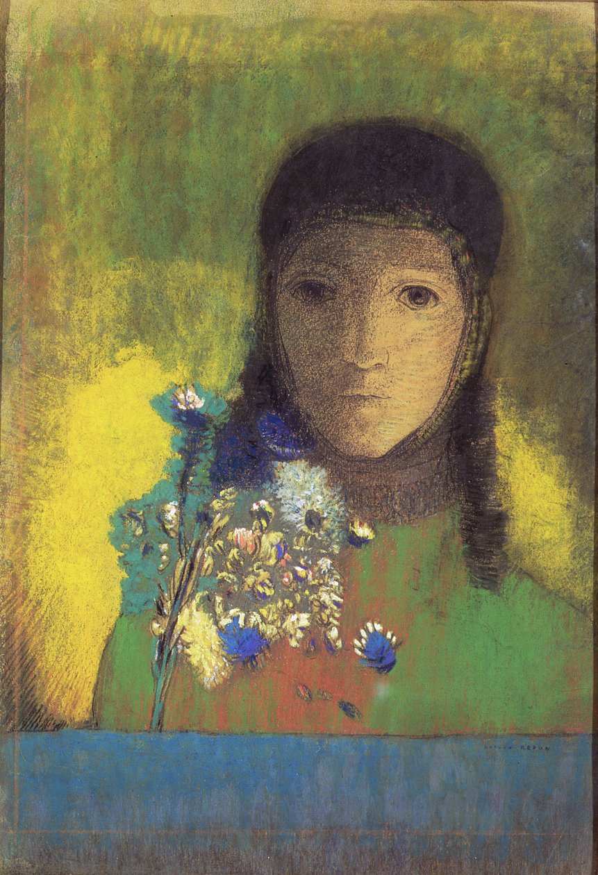 Kvinne med ville blomster, 1895-1900 (pastell, kull) av Odilon Redon