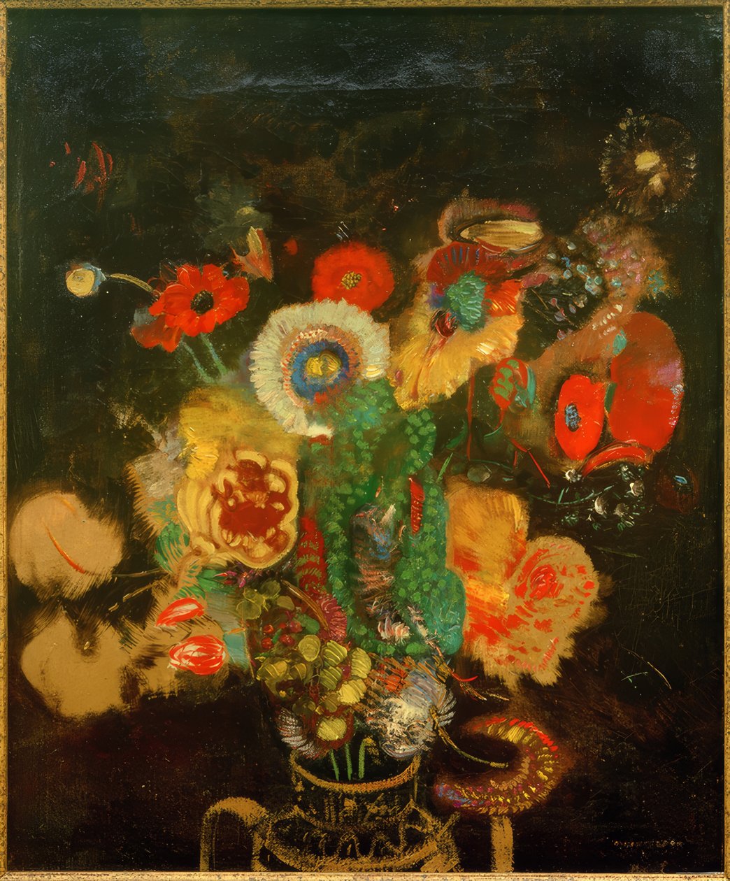 Bukett med blomster mot en svart bakgrunn av Odilon Redon