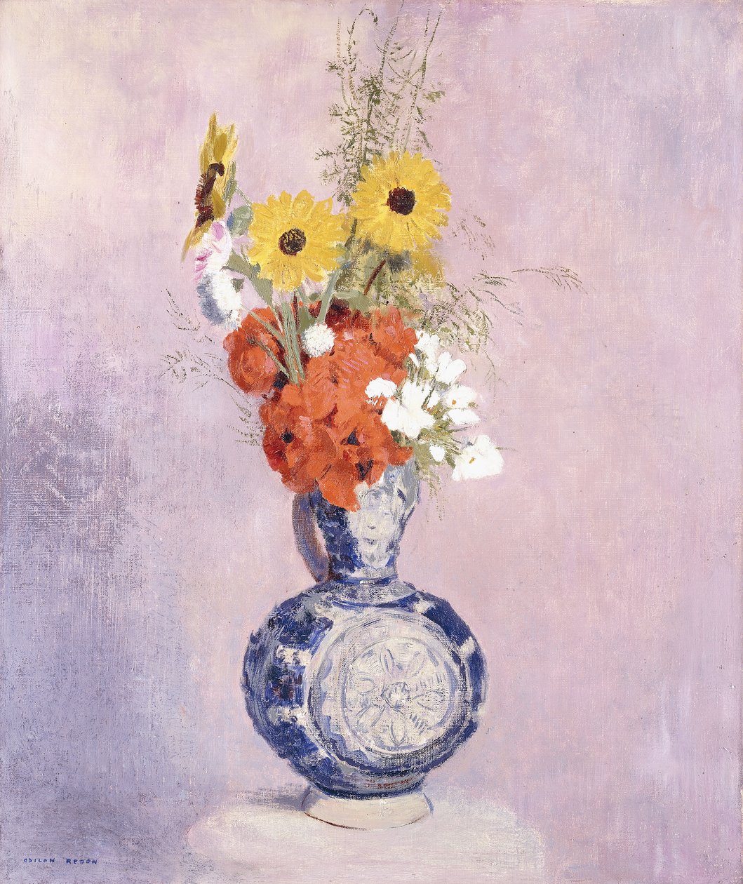 Bukett med blomster i en blå vase, av Odilon Redon