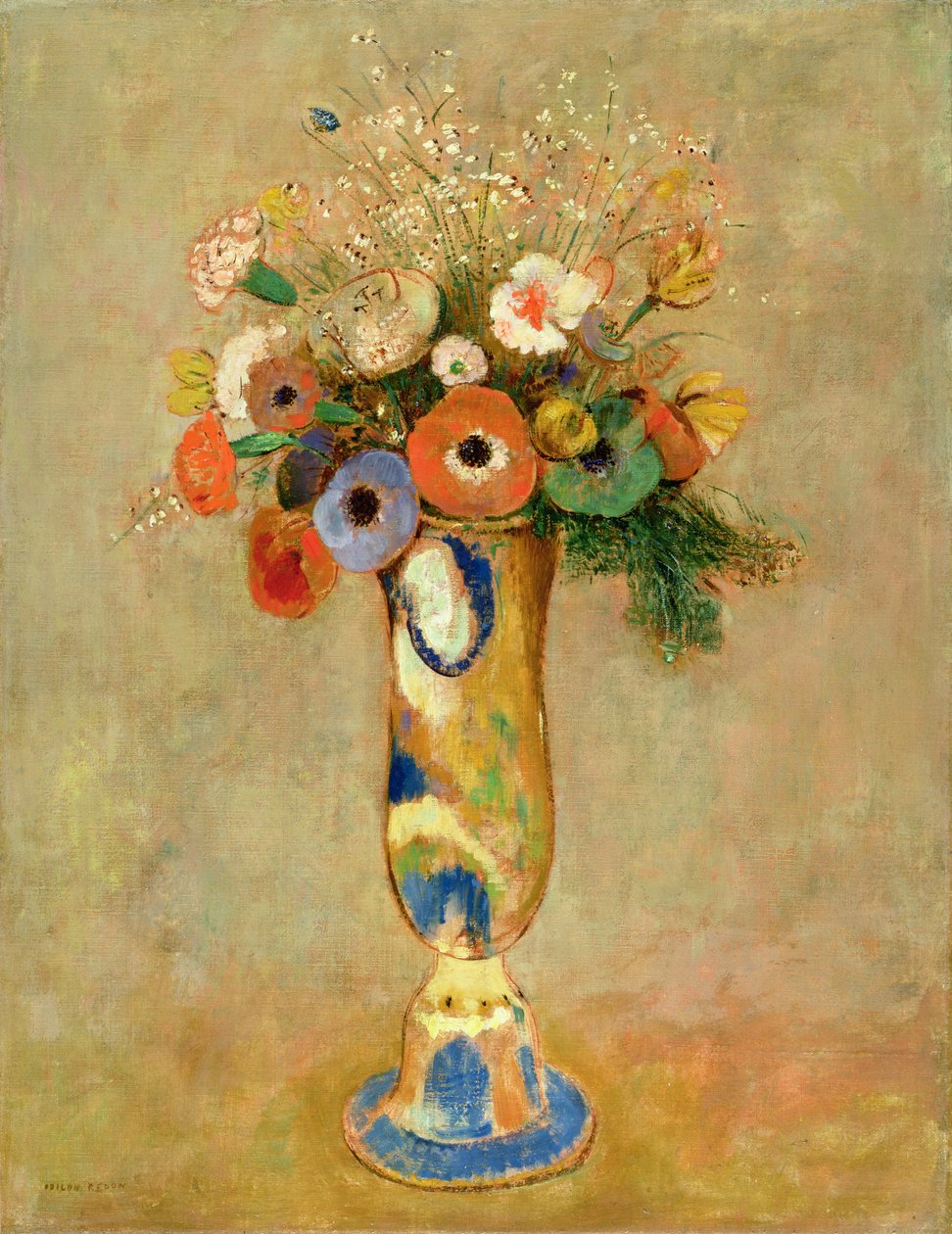 Blomster i en malt vase av Odilon Redon
