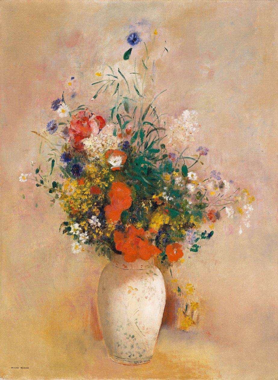 Vase med blomster rosa bakgrunn, ca. 1906. av Odilon Redon