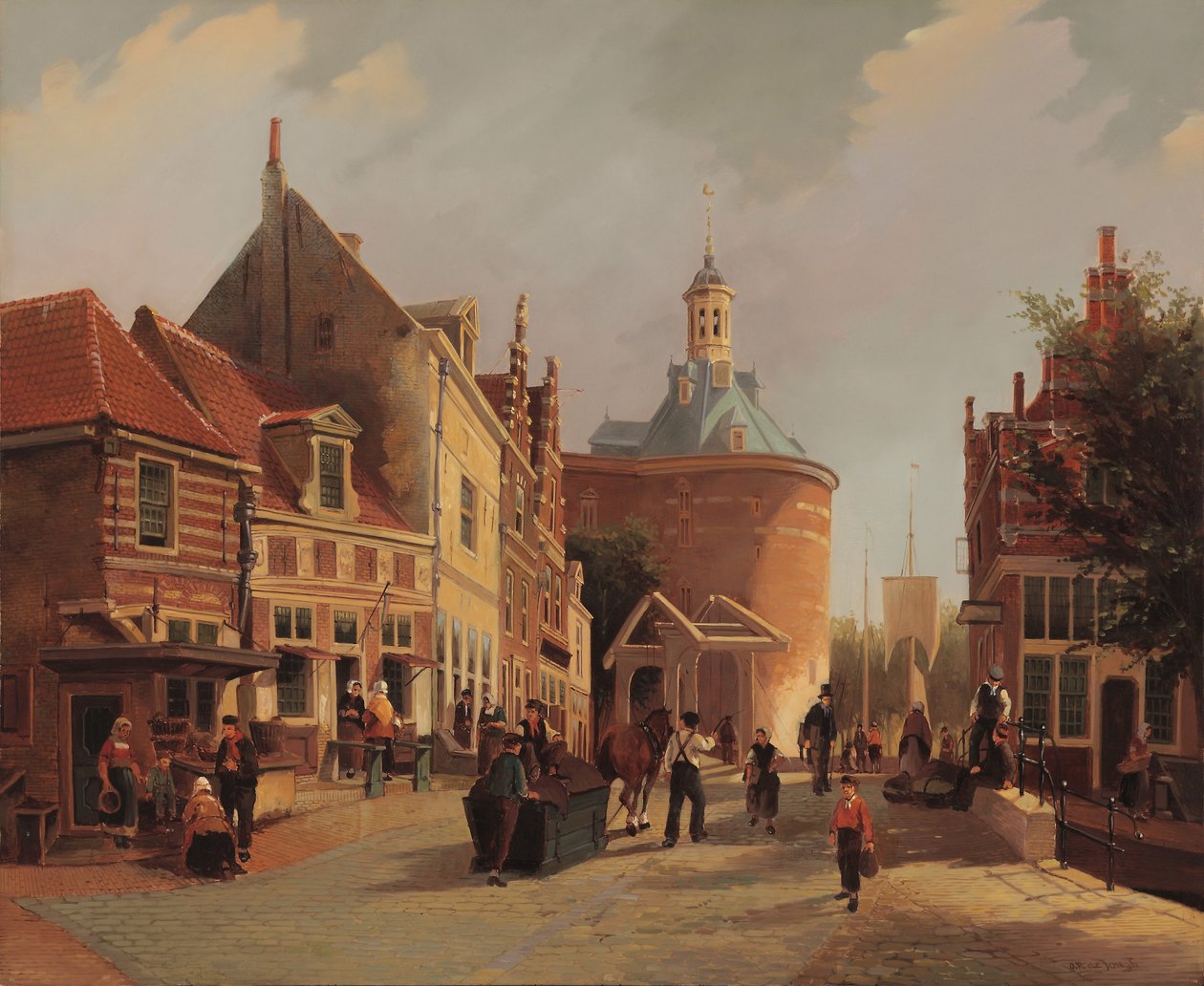 En utsikt over Zuiderspui med Drommedaris i byen Enkhuizen av Oene Romkes de Jongh