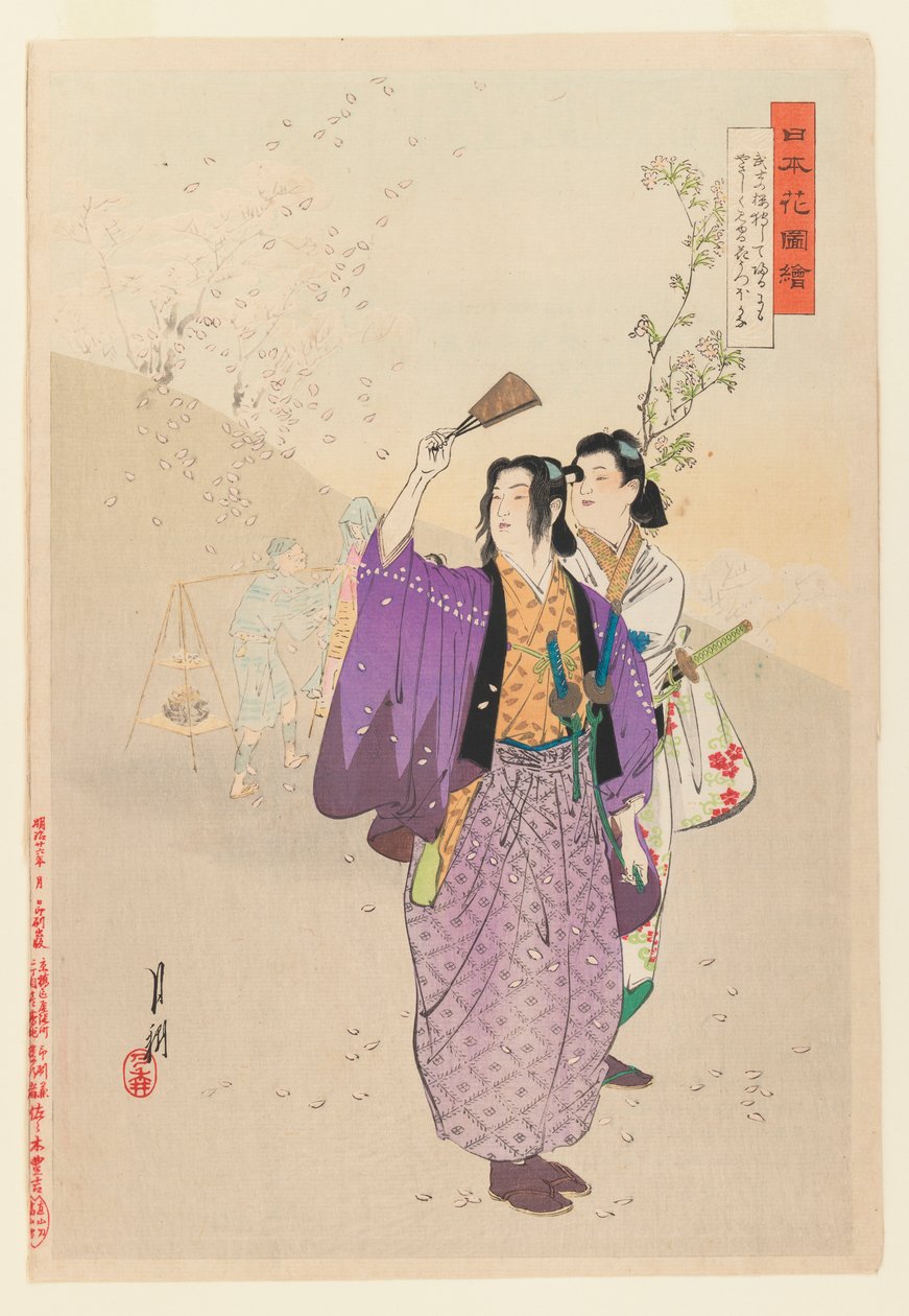 Dandies Admire Falling Cherry Blossoms fra serien Pictures of Flower Gardens, 1893 (treblokk fargetrykk) av Ogata Gekko