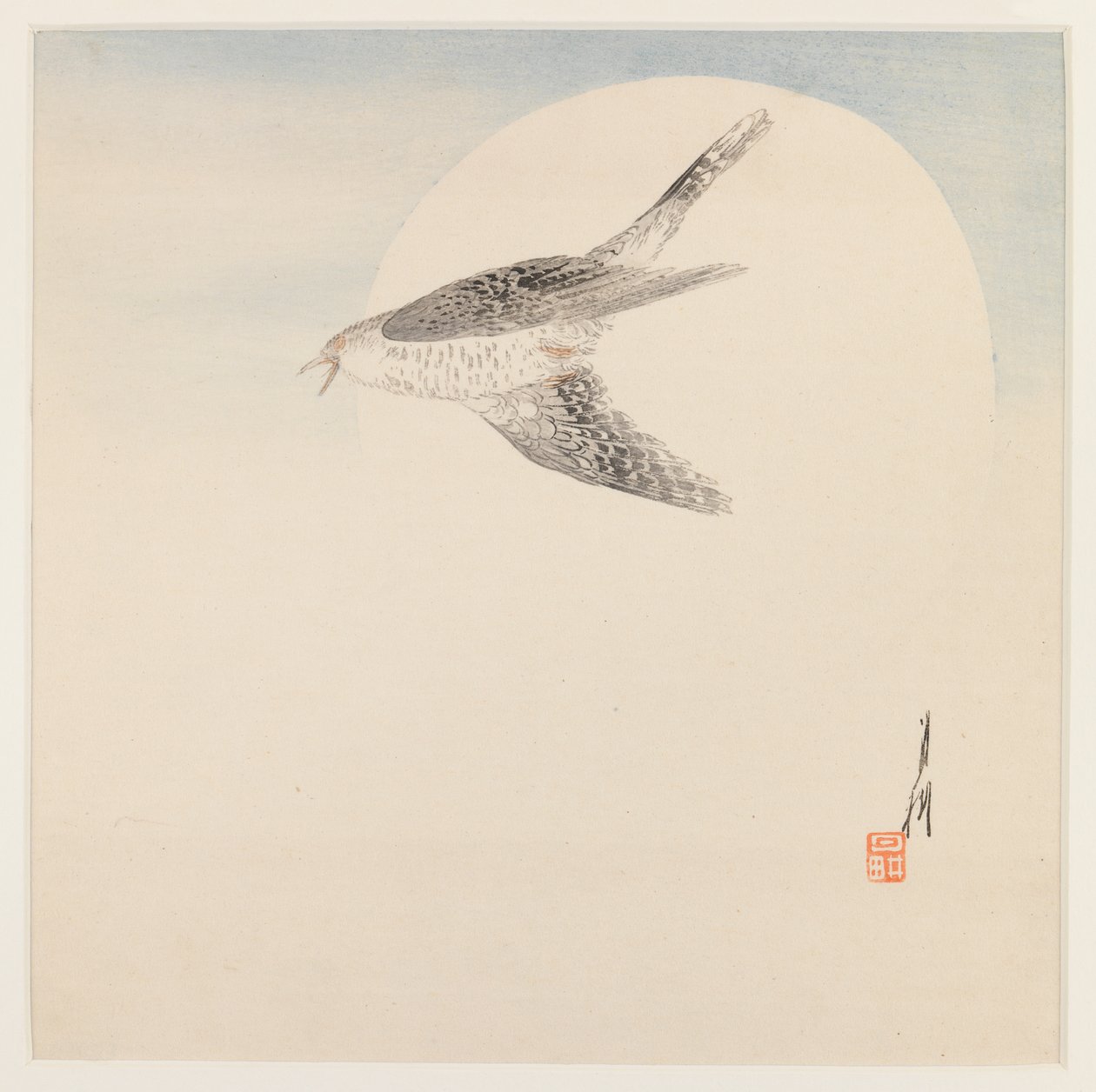 Nightingale Flying by Moon, ca. 1890-1910 (fargetrykk av treblokk) av Ogata Gekko