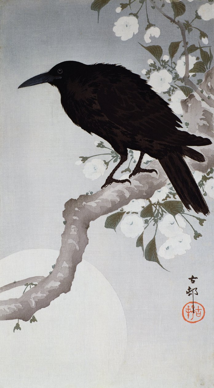 En svart fugl på en gren i måneskinnet, (farget treblokktrykk) av Ohara Koson
