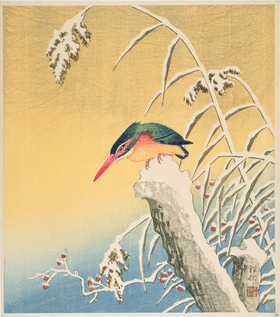 Kingfisher in the Snow, 1935 (farget treblokktrykk) av Ohara Koson