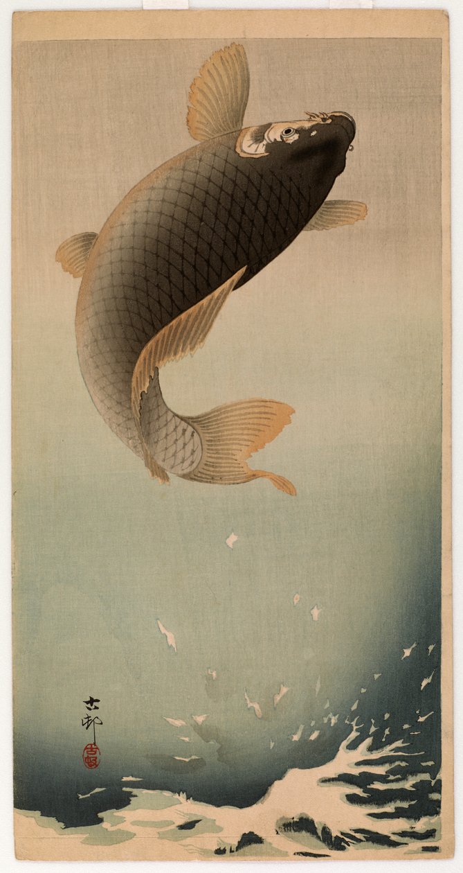 Springende karpe (farget treblokktrykk) av Ohara Koson