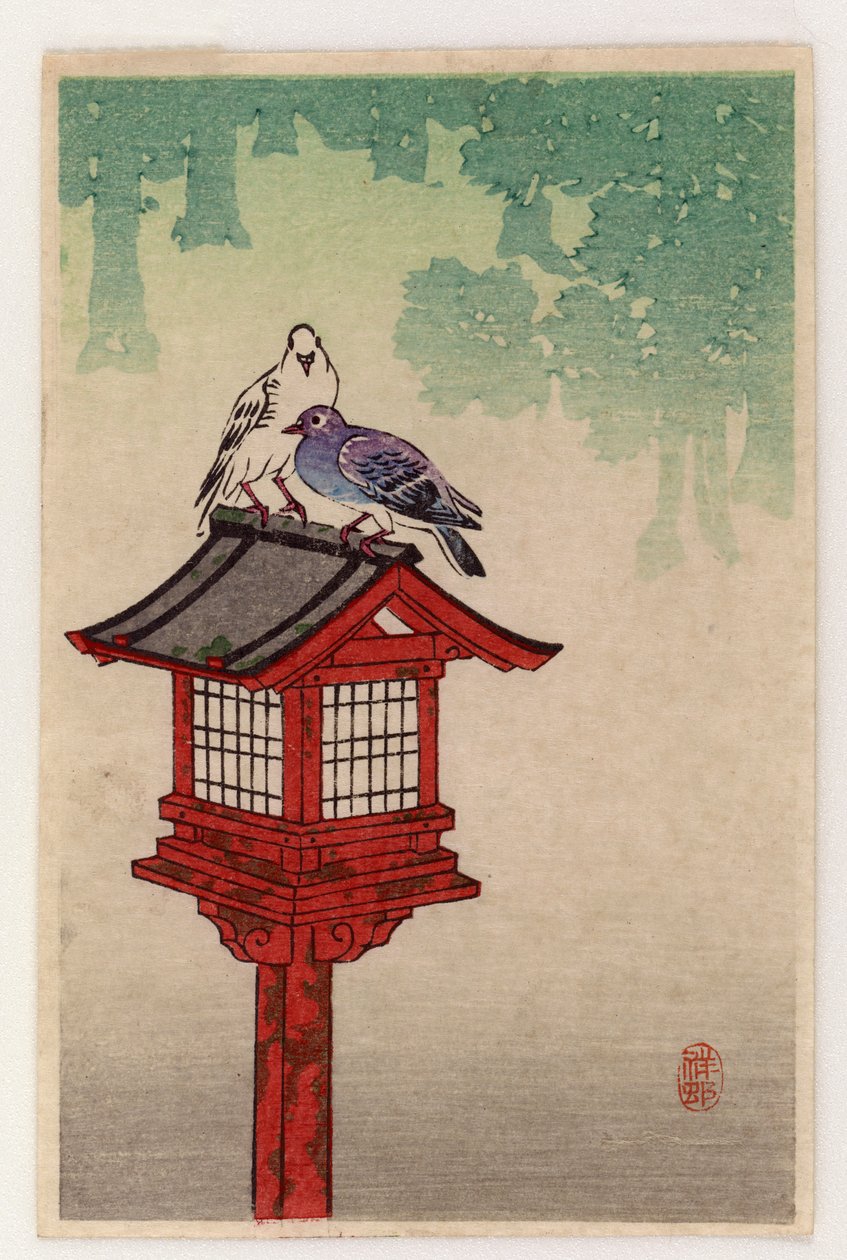 Pigeons on a dedicatory lanterne (farget treblokktrykk) av Ohara Koson