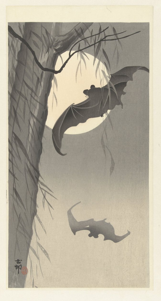 Flaggermus og fullmåne av Ohara Koson