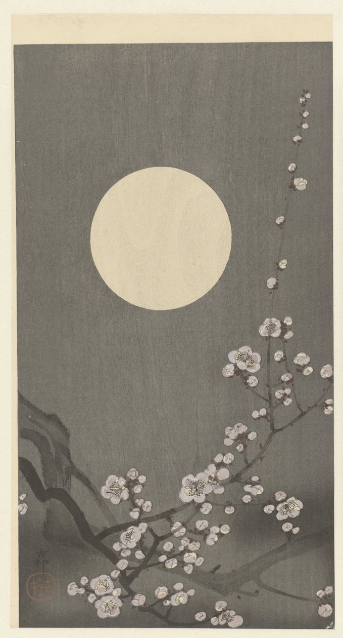 Blomstrende plommeblomstrer ved fullmåne av Ohara Koson