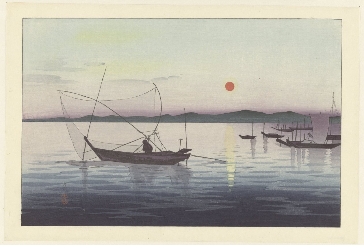 Båter og solnedgang. av Ohara Koson