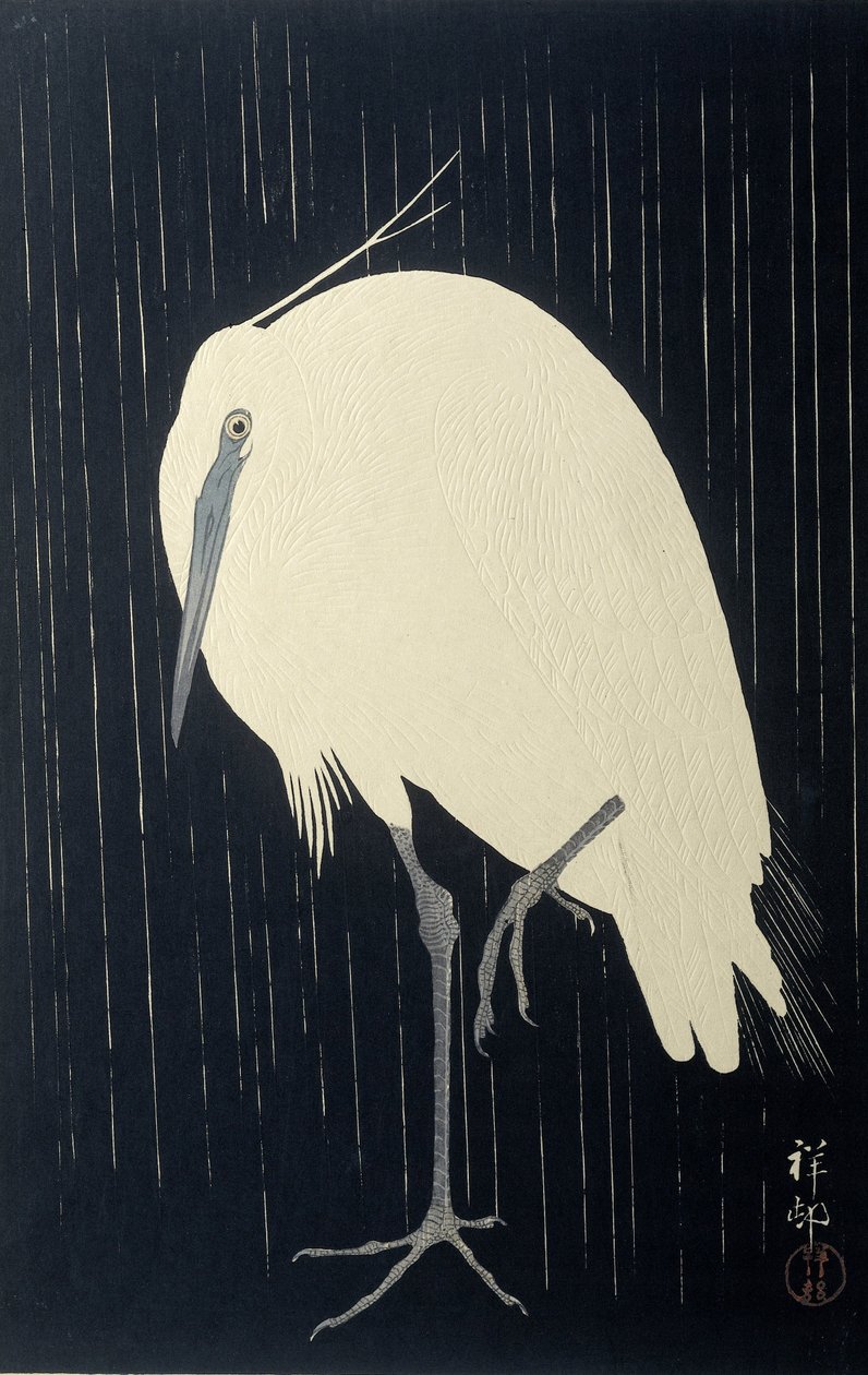 Egret in the rain, 1925-36 (fargetresnitt) av Ohara Koson