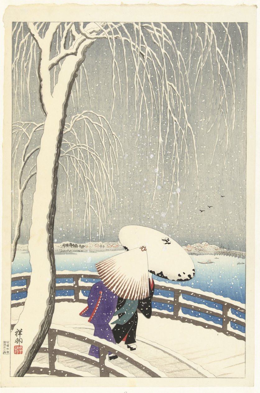 I snøen på Yanagibashi av Ohara Koson