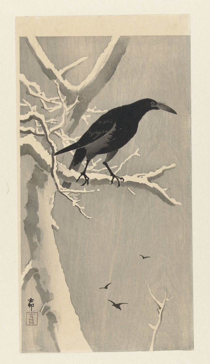 Kråke på snødekt tregren. av Ohara Koson
