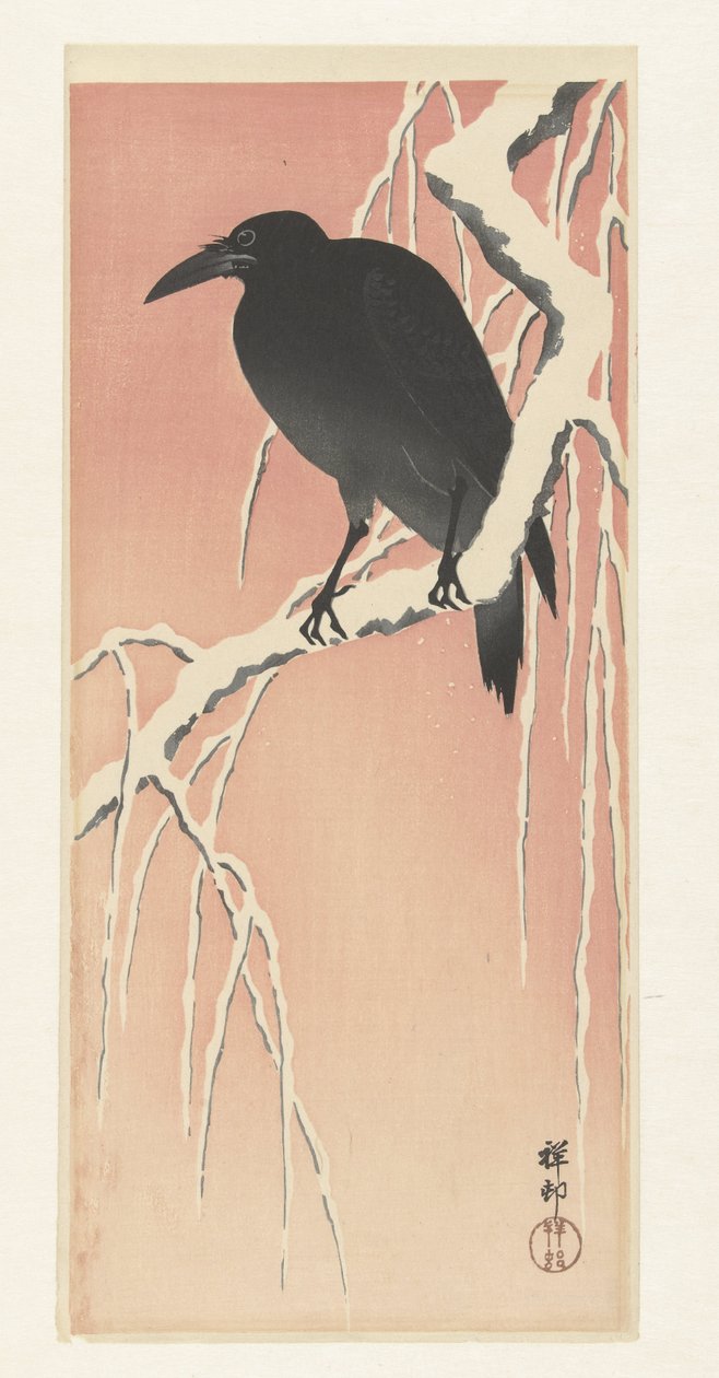 Kråke på snødekt gren. av Ohara Koson