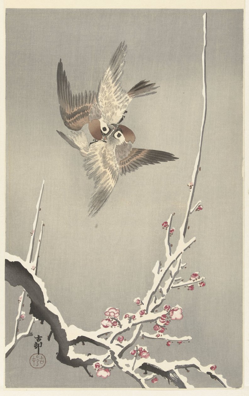 Spurver og snødekt plommetre av Ohara Koson
