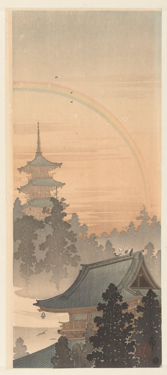 Pagode og regnbue av Ohara Koson