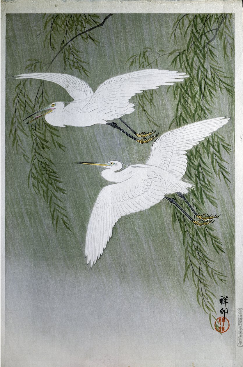 To hegre som flyr fritt, 1907 (fargetresnitt) av Ohara Koson