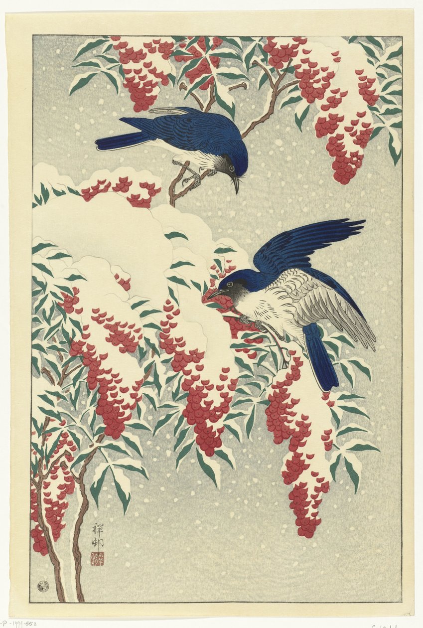 Fluesnappere på en nandinabusk av Ohara Koson