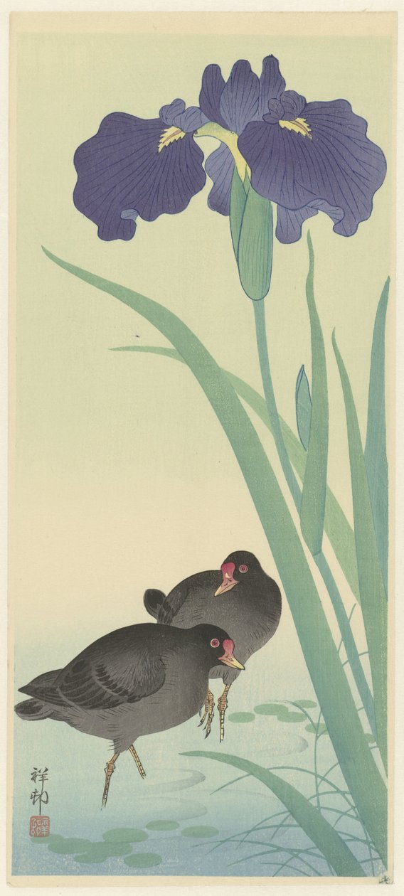 Morhøner og iris. av Ohara Koson
