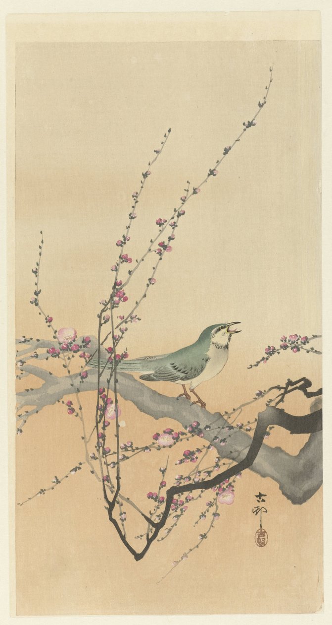 Sangfugl og plommeblomstrer. av Ohara Koson