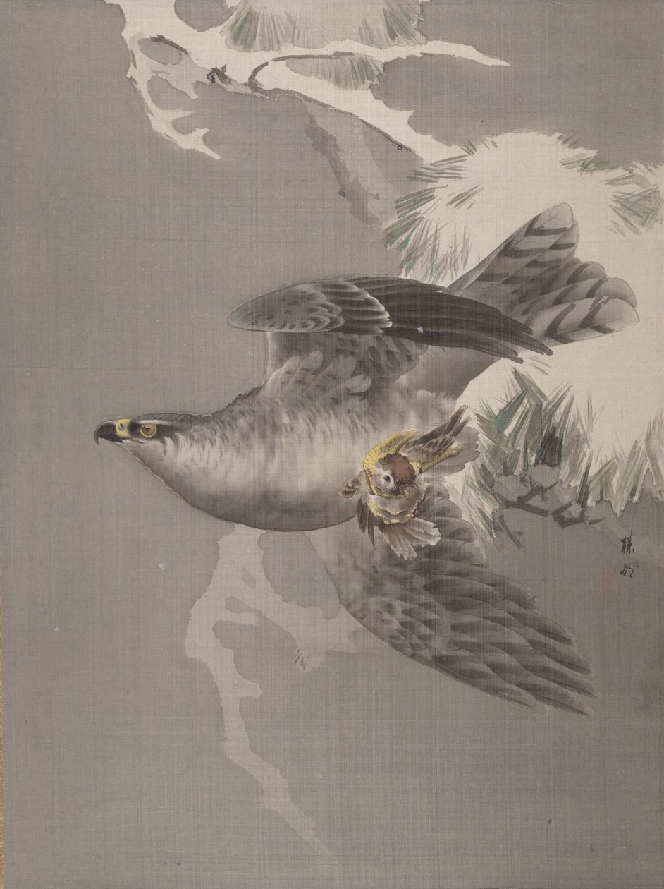Hawk holder en liten fugl, ca. 1891-92. av Okada Baison