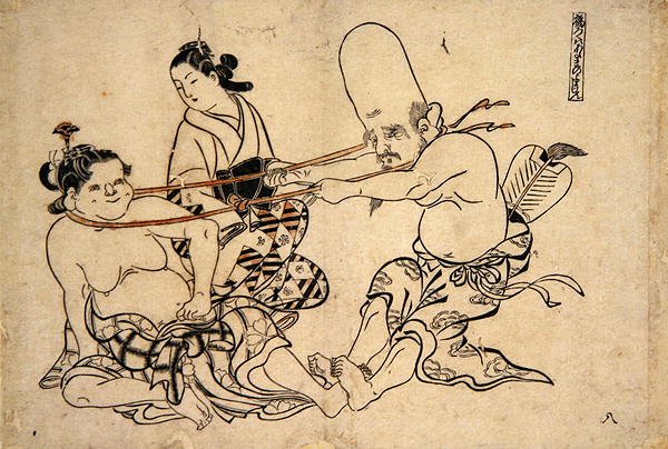 Fukuro Jin prøver å løfte vinsjen (treblokktrykk) av Okumura Masanobu